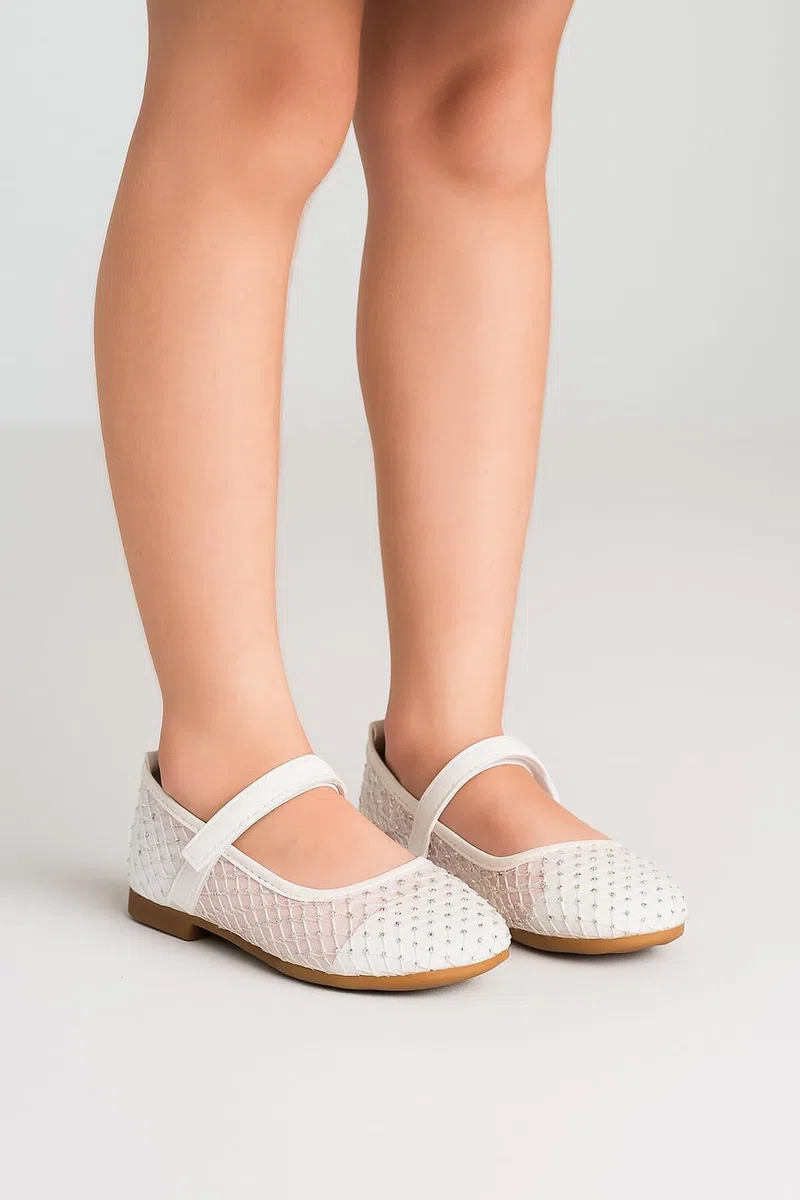SIRRI Ballerines Mary Jane en Maille Ivoire pour Filles, Chaussures à Brides Auto-agrippantes et cloutées