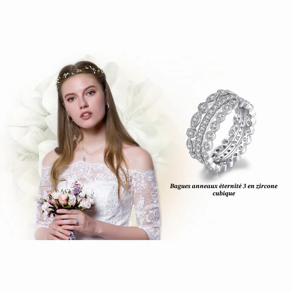 JewelryPalace 3 Éternité Band Empilable Zircone Cubique Bague Femme Argent 925, Marquise Lot de Bague de Fiançailles Femme Plaqué Or Jaune Or Rose, Infini Bagues Mariage Promise Alliance, Bijoux Femme