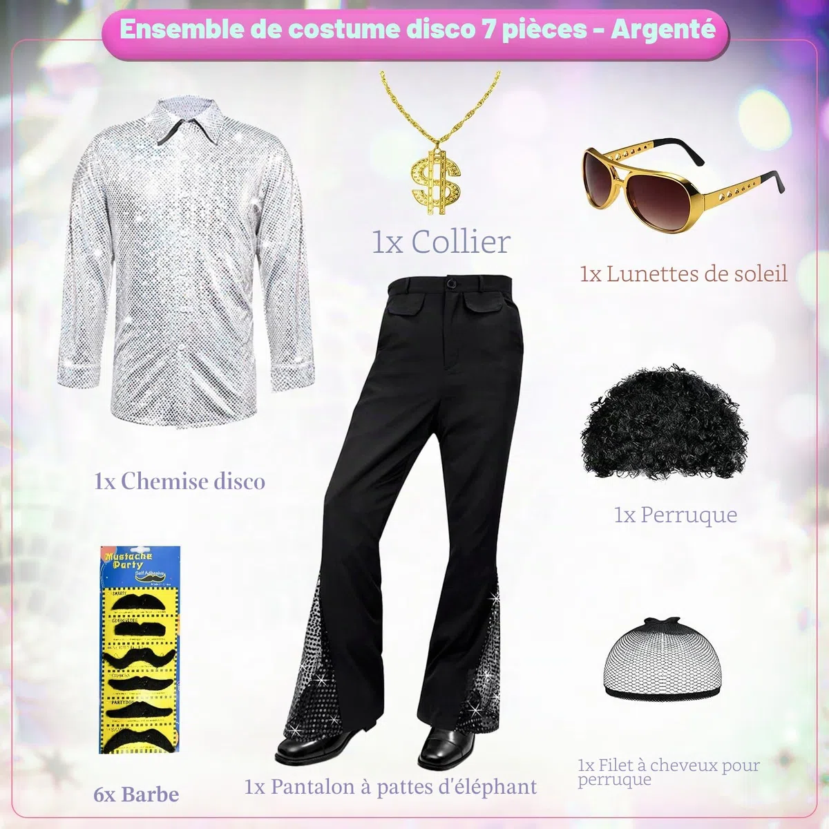 Costume hippie disco pour adultes - Tenue rétro années 70-80 avec chemise, pantalon, perruque afro, collier, lunettes de soleil et autocollant pour barbe