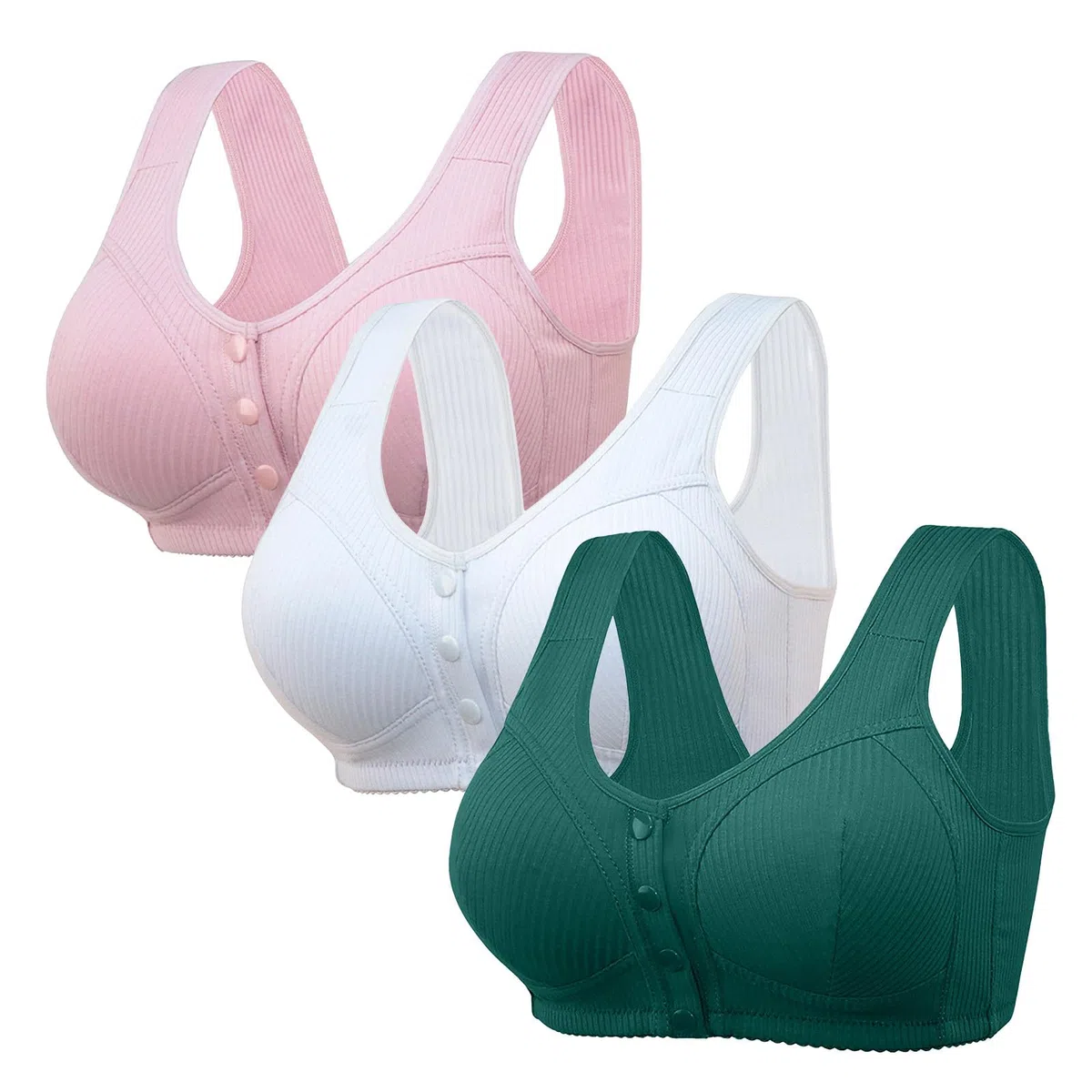 Soutien-gorge sans armature avec fermeture avant pour femme - Bordure festonnée unie - Soutien-gorge sans fil avec boucle - Soutien-gorge à bouton - Soutien complet - Soutien-gorge push-up sans fil