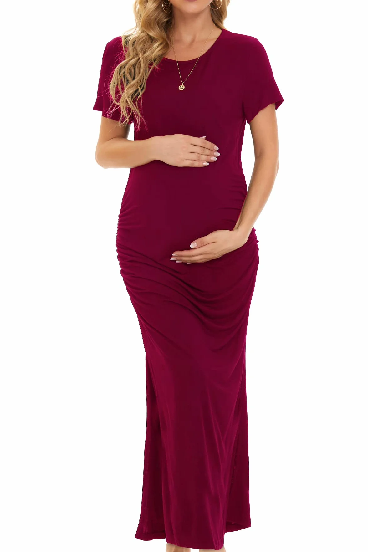 Smallshow Femme Longue Robe Grossesse Fente latérale Robes Maternité Wine M