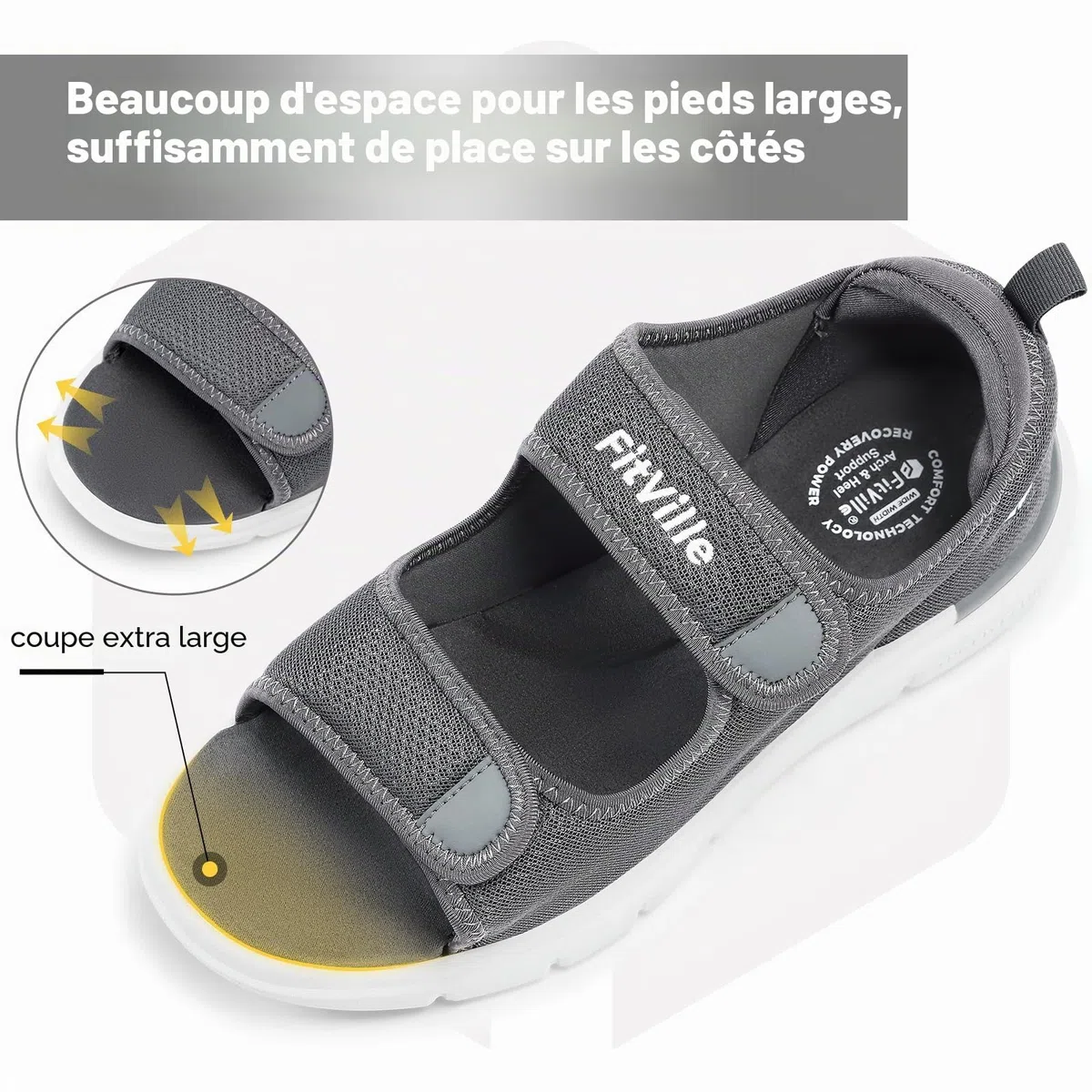FitVille Sandales Diabétiques Hommes Large Ouverture Chaussures Orthopédique Scratch Sandales Rééducation pour Pieds Gonflés