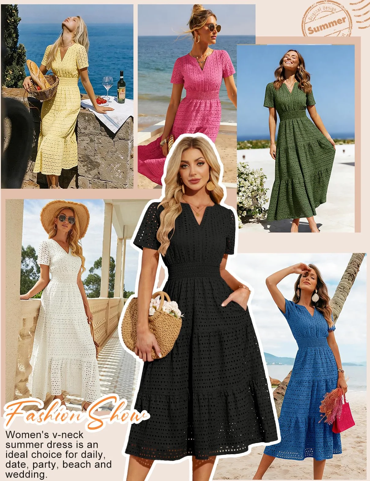 Robe d'été pour Femme Chic Et Elegant Longue Robes Manches Courtes Col en V Coton Robe Plage Décontracté Boheme avec Poches