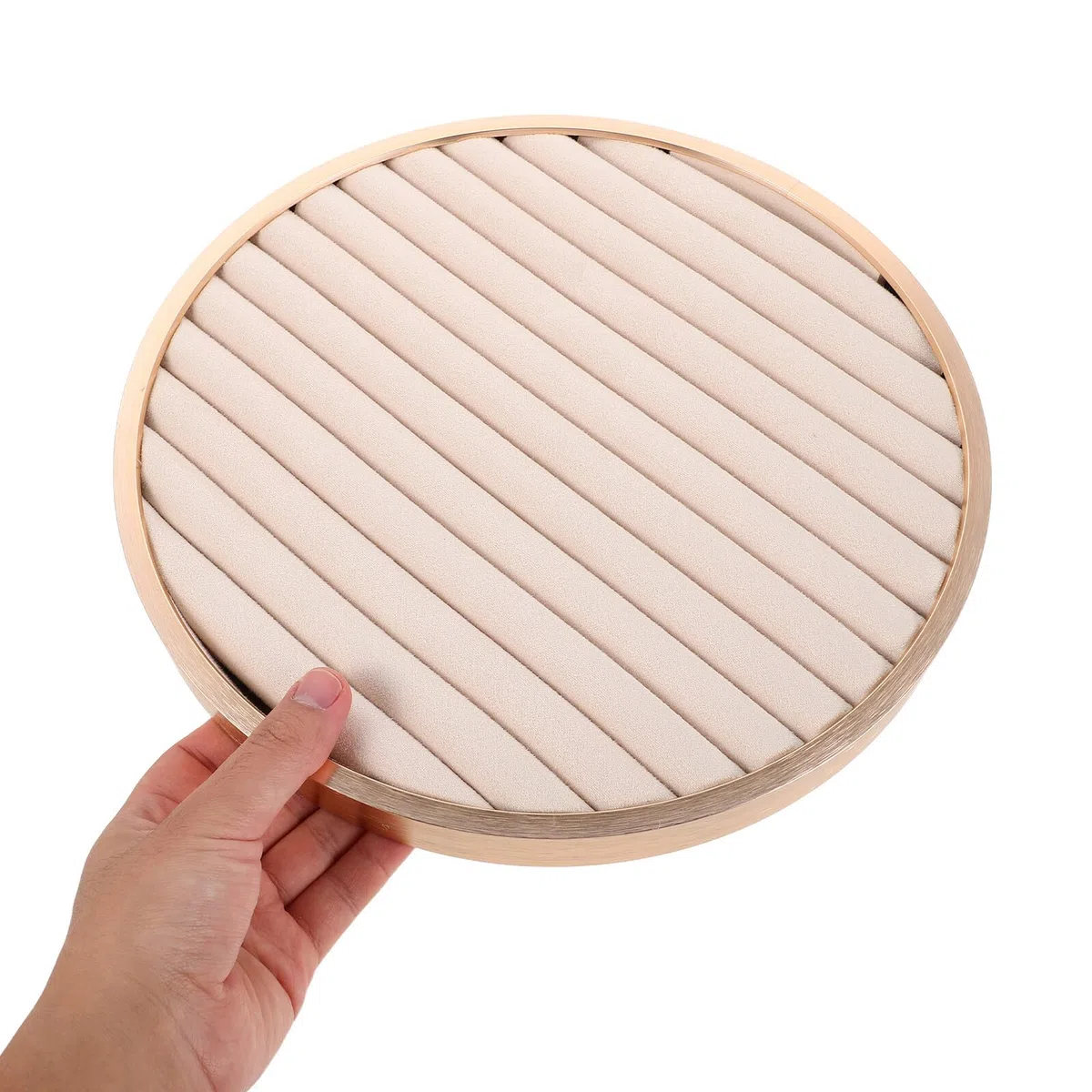 VANZACK Plateau Bijoux Rond Beige Velours pour Collier et Bracelet Présentoir Bijoux Polyvalent Organiseur Élégant pour Bagues et Boucles Oreilles Plateau de Rangement Compact pour
