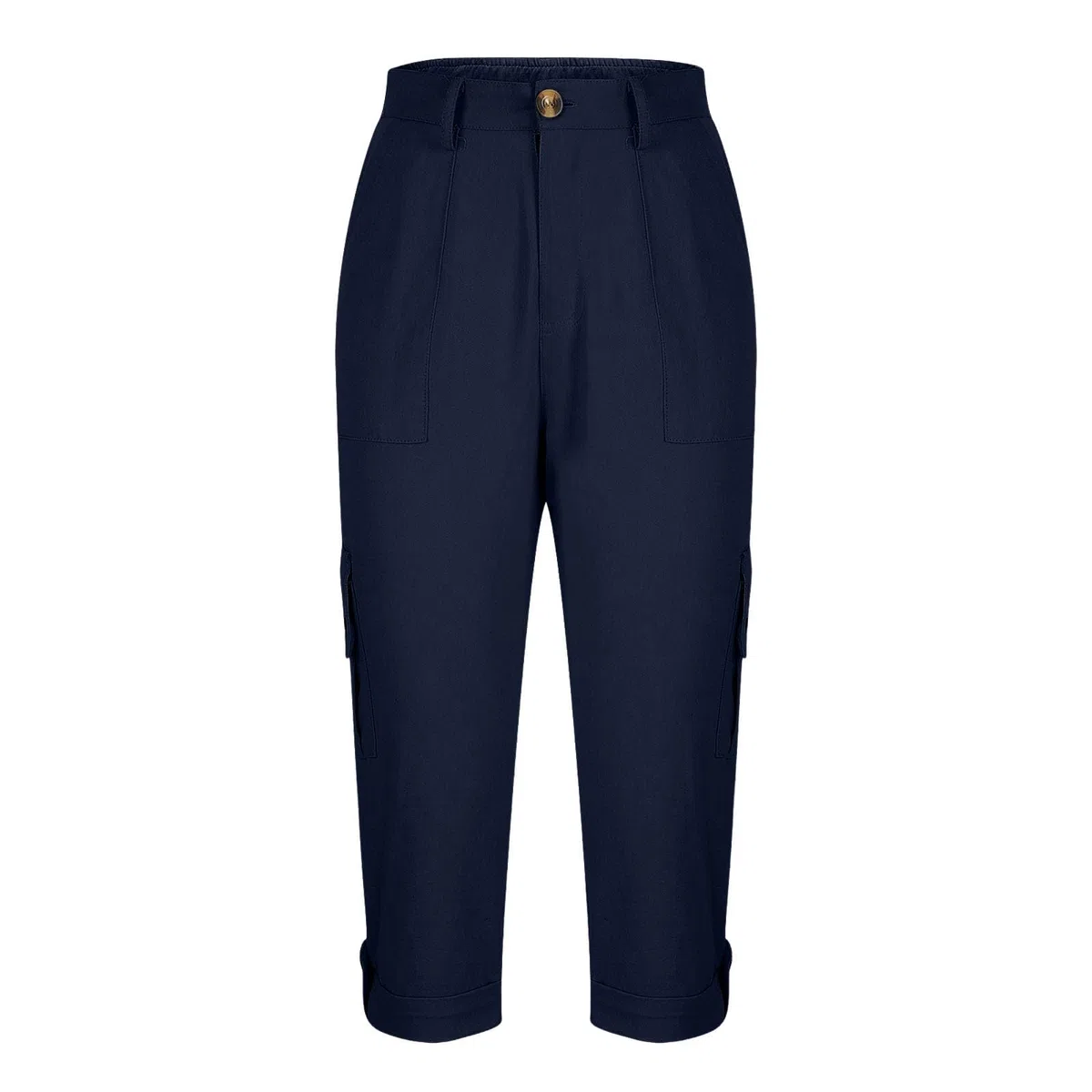 Pantalon Cargo Femme 3/4 Pantalon de Sport Été Léger Corsaire Femme avec Poches Latérales Bouton à la Taille Ourlet Roulé Pantacourt Décontracté pour Randonnée Travail Chasse