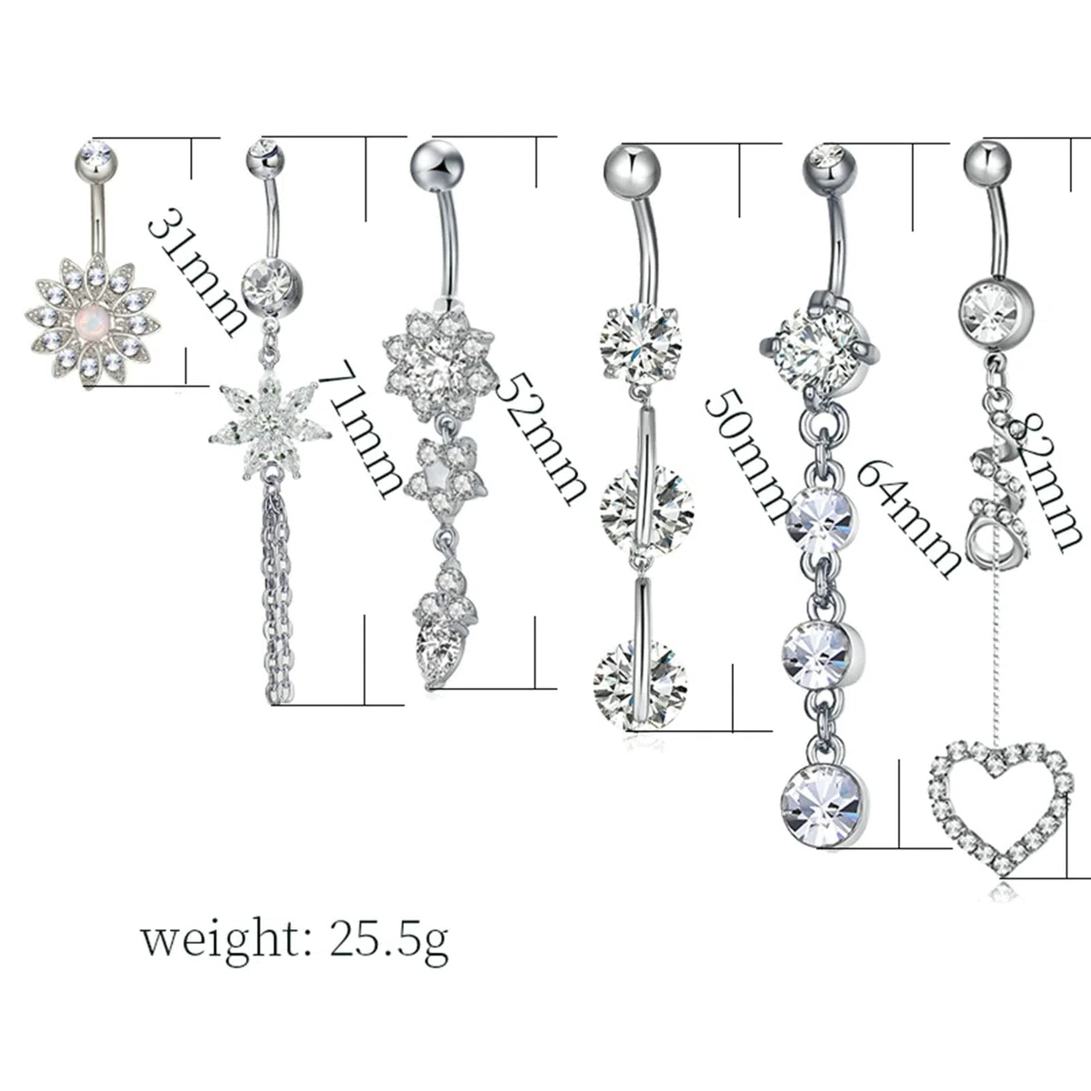 Lot de 6 piercings de nombril en acier inoxydable et oxyde de zirconium 14 g