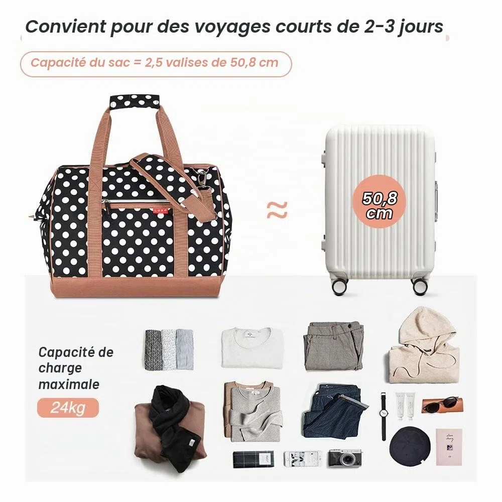 Lekesky Sac de nuit pour femme, sac fourre-tout, sac d'hôpital de maternité avec grande ouverture sur le dessus, sac de voyage pour femme, rayures bleues, Pois blancs., 33L