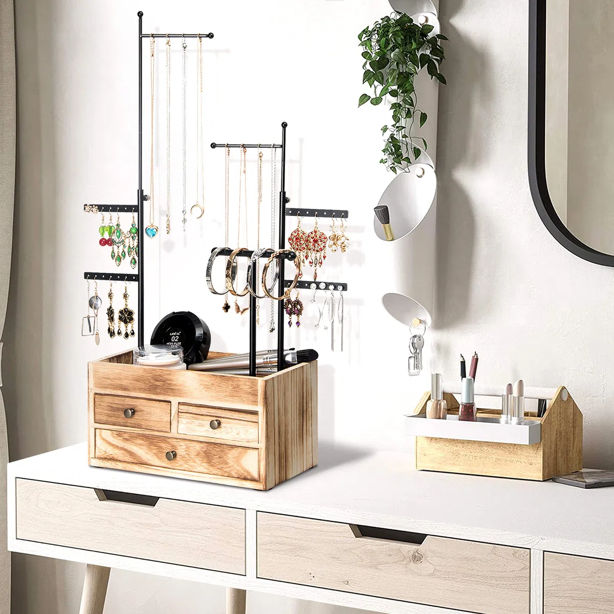 LAVIEVERT Présentoir à bijoux avec double couche de rangement en bois - 7 niveaux - Arbre à bijoux - Présentoir à bijoux pour colliers, bracelets, boucles d'oreilles et bagues