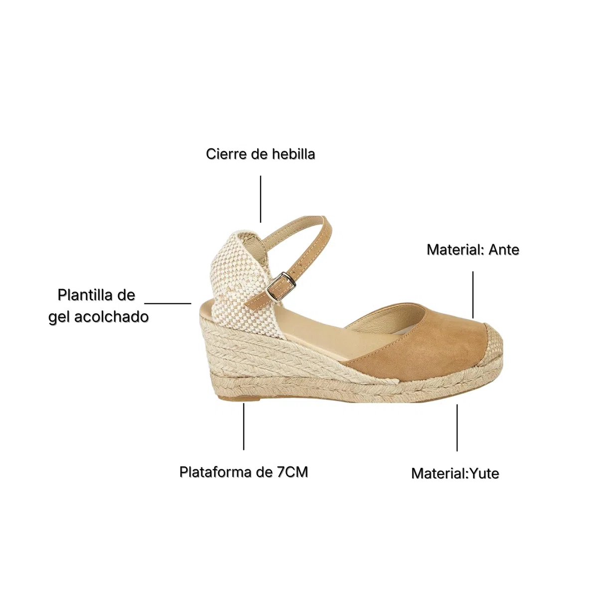 Espadrilles Compensées pour Femme avec Talon de 7 cm | Sandales Artisanales | en Jute Naturel et Toile Respirante | Chaussures Fabriquées en Espagne avec Boucle Réglable et Semelle Antidérapante