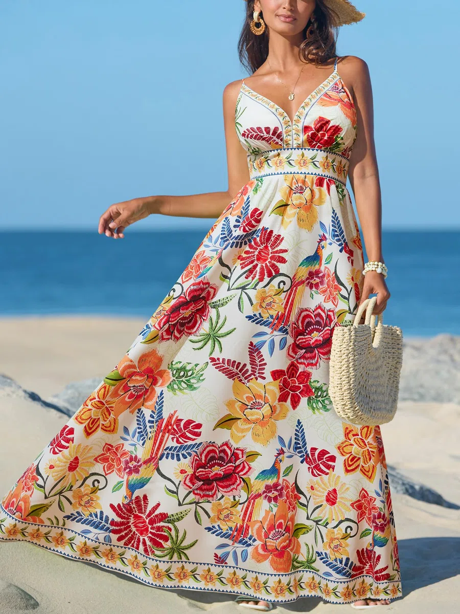 CUPSHE Longue robe d'été fluide à bretelles, sans manches, avec col en V et motif floral pour femme Style décontracté pour plage, vacances