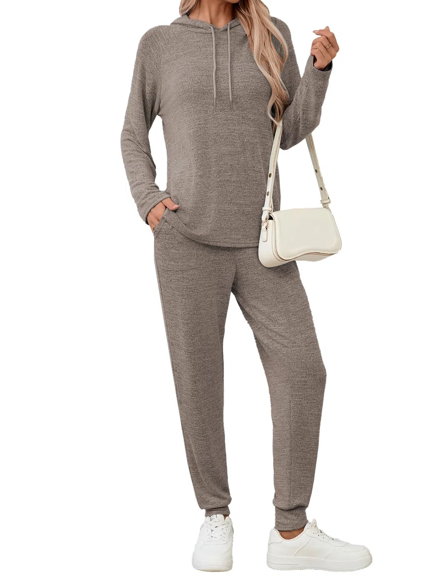 Famulily Survêtement à manches longues pour femme, couleur unie, sweat à capuche avec cordon de serrage et pantalon de jogging élastique avec poches, tailles S à XXL