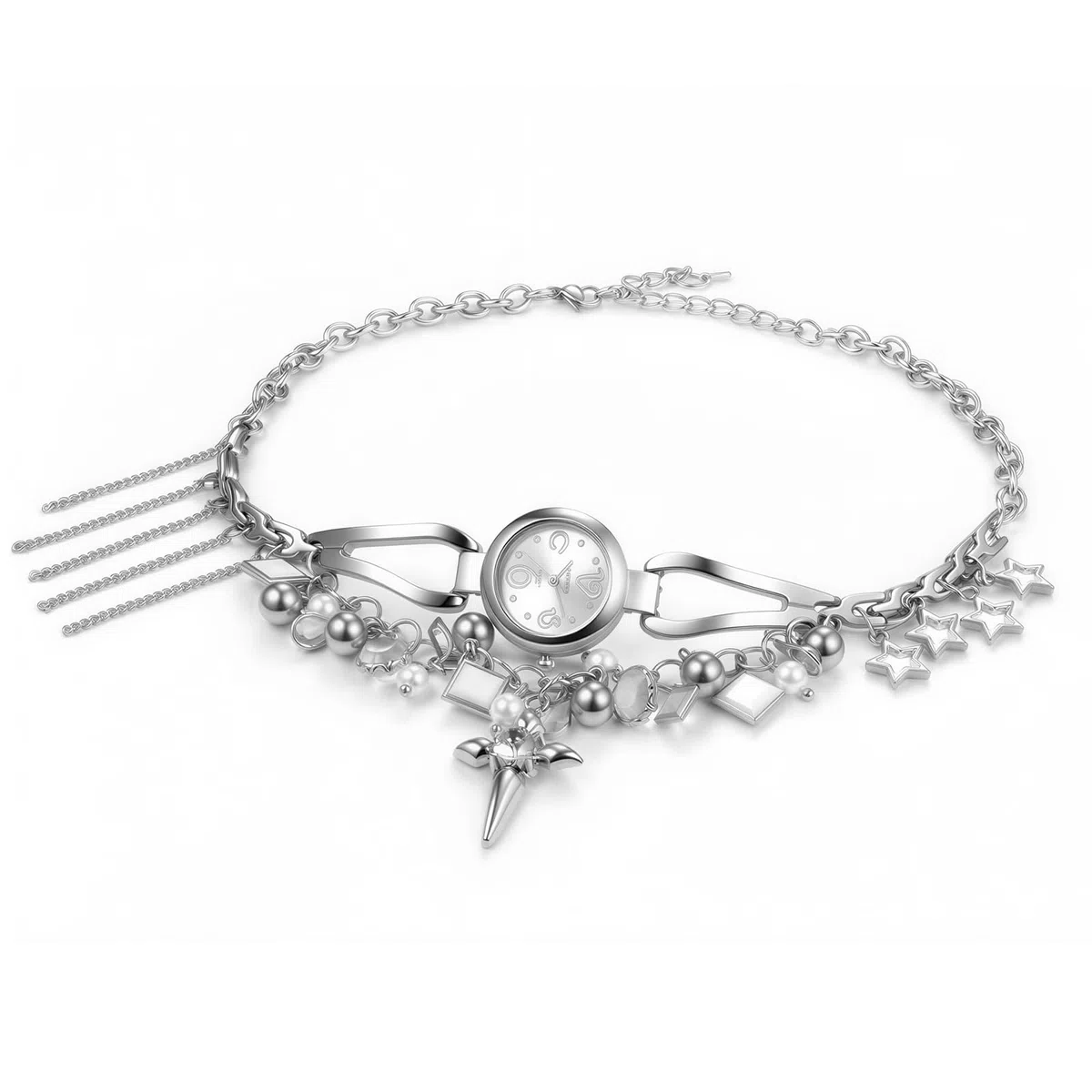 OIDEA Collier de montre ras du cou pour femme : collier rétro punk avec pendentif en forme de croix étoile gland en cristal acrylique et cadran argenté à quartz analogique, chaîne de 38 cm avec