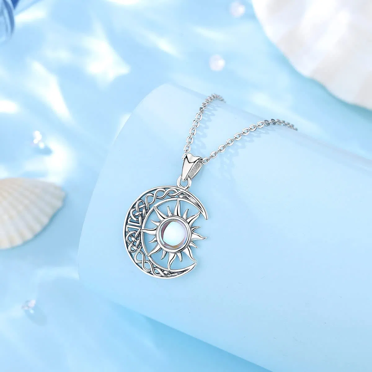 AEONSLOVE Collier Chat et Lune pour Femme Fille, Collier Soleil et Lune Pendentif Pierre de Lune Argent 925, Bijoux Amoureux des Chats Cadeaux Cosmiques et Astrologiques