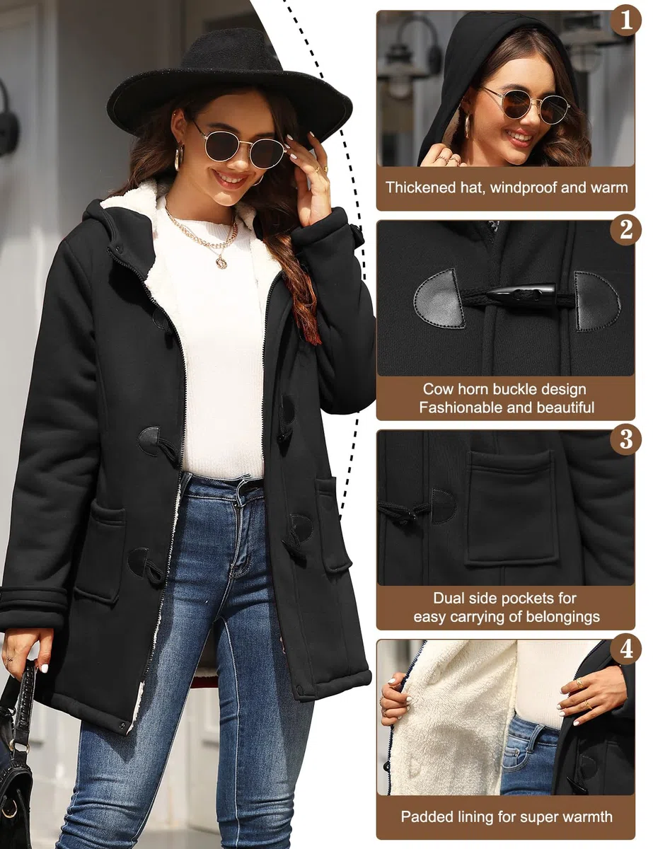 Nadeer Manteaux à Capuche Femmes Manteau Polaire Veste Blouson Jacket à Bouton Hiver Chaud Corne Zippé Sweat à capuche Épais Hoodie Coat Chic et Slim Sweatshirt Pull Hooded Outwear avec Poche