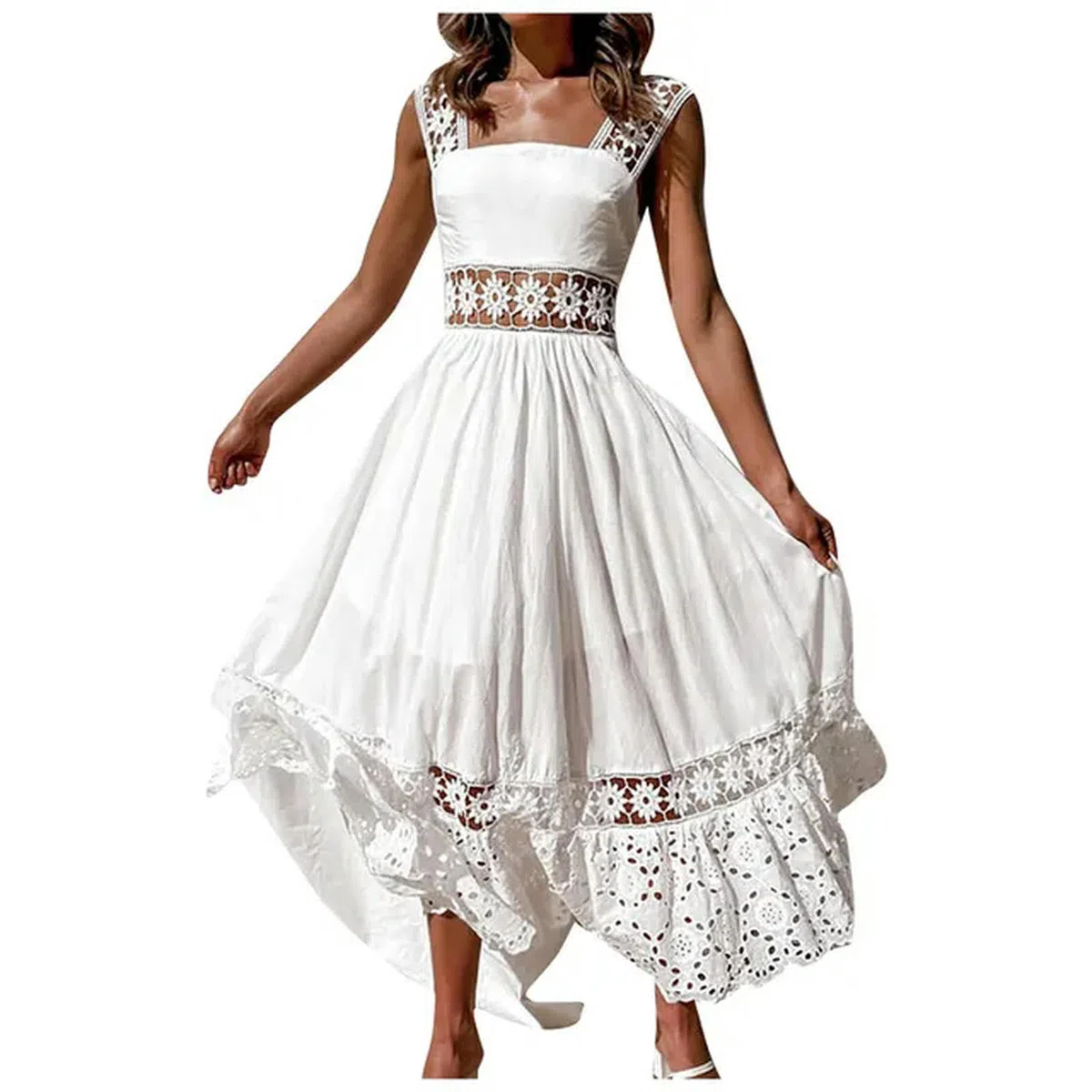 ARESU Dentelle Crochet Évider Robes Blanches Femmes sans Manches Dos Nu Vacances Décontracté Boho Robe Dames Lâche Plage Maxi Robe en Coton-Blanc-M