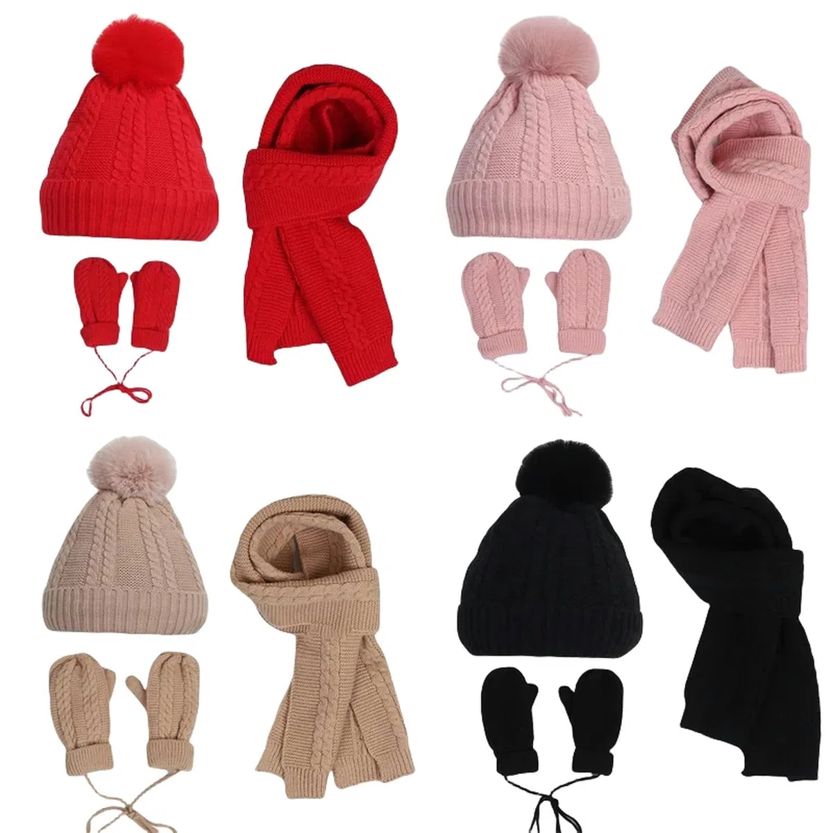 Zonto Bonnet Enfant Hiver Tricoté Chapeau d'hiver pour Enfants, Écharpe, Gant Set, Chapeau Tricoté, Accessoires Chauds pour Enfants d'automne-Rose-6-10 Ans