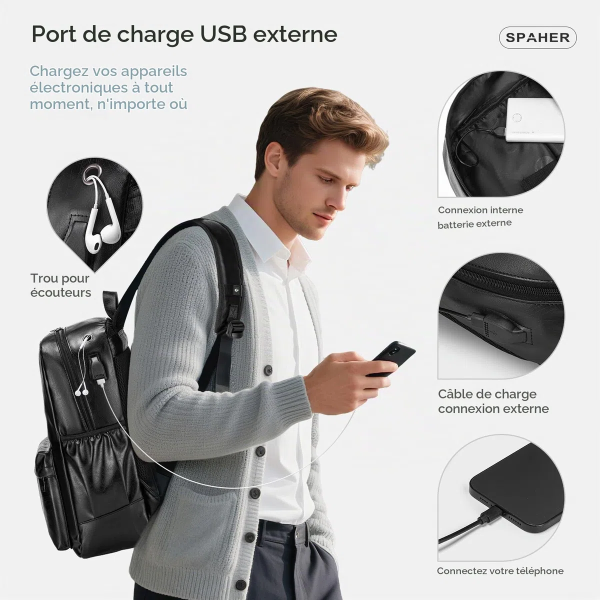 SPAHER Bagage Cabine 40x30x20 Wizzair Vueling 15,6Pouces Sac à Dos en Cuir pour Ordinateur Portable Unisexe Sac d'école Randonnée Voyage Affaires Bagages en Plein air Collège pour Hommes Femmes