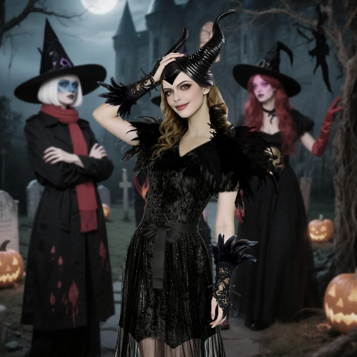 Deguisement Malefique Femme: Maléfique Costume Adulte - Méchante Reine Sorciere Gothique Robe avec Corne Plume Cape et Gant pour Halloween Carnaval Cosplay Tenue De Fête