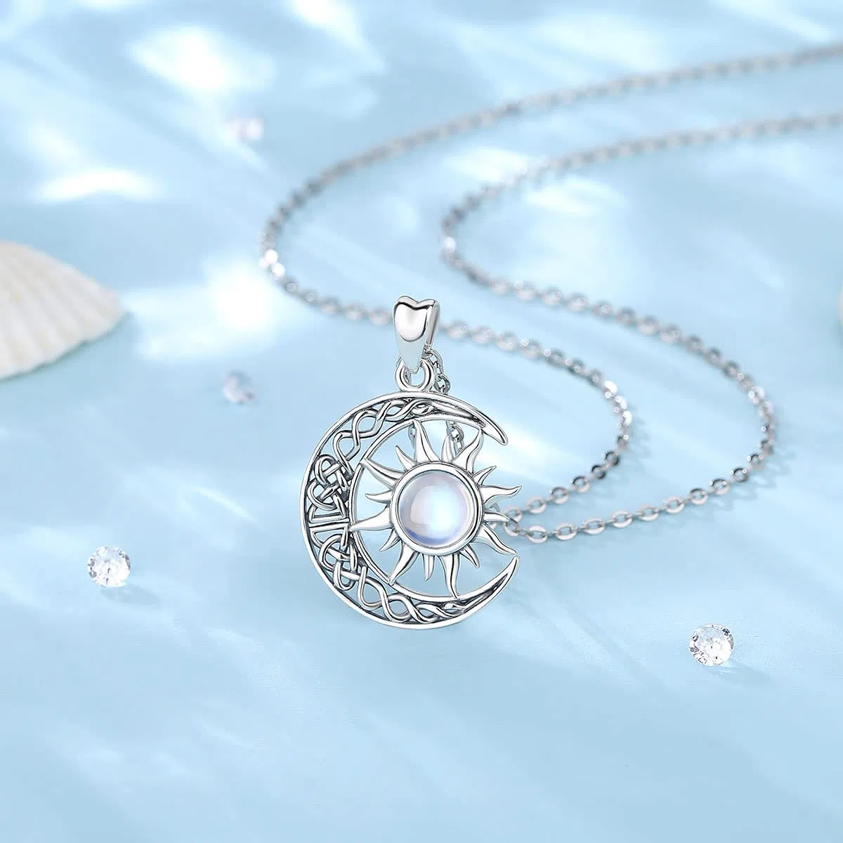 AEONSLOVE Collier Chat et Lune pour Femme Fille, Collier Soleil et Lune Pendentif Pierre de Lune Argent 925, Bijoux Amoureux des Chats Cadeaux Cosmiques et Astrologiques