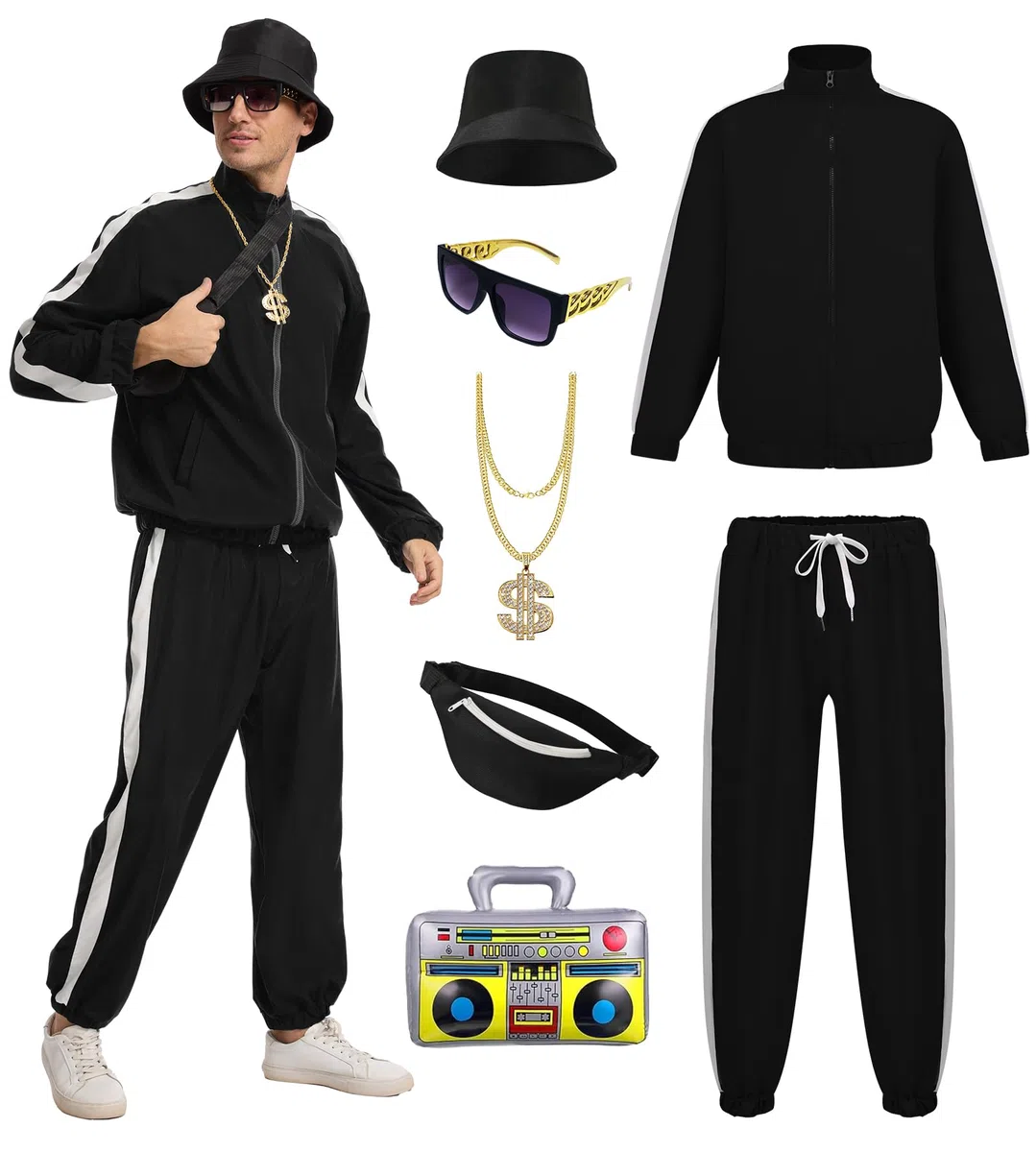 Tenue des années 80 pour homme - Survêtement rétro des années 90 - Avec vêtements hip hop - Pour carnaval, fête disco