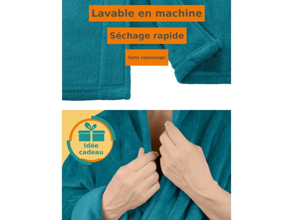 npluseins Peignoir de bain en polaire moelleuse avec col châle – Femme & Homme, XXL, Pétrole