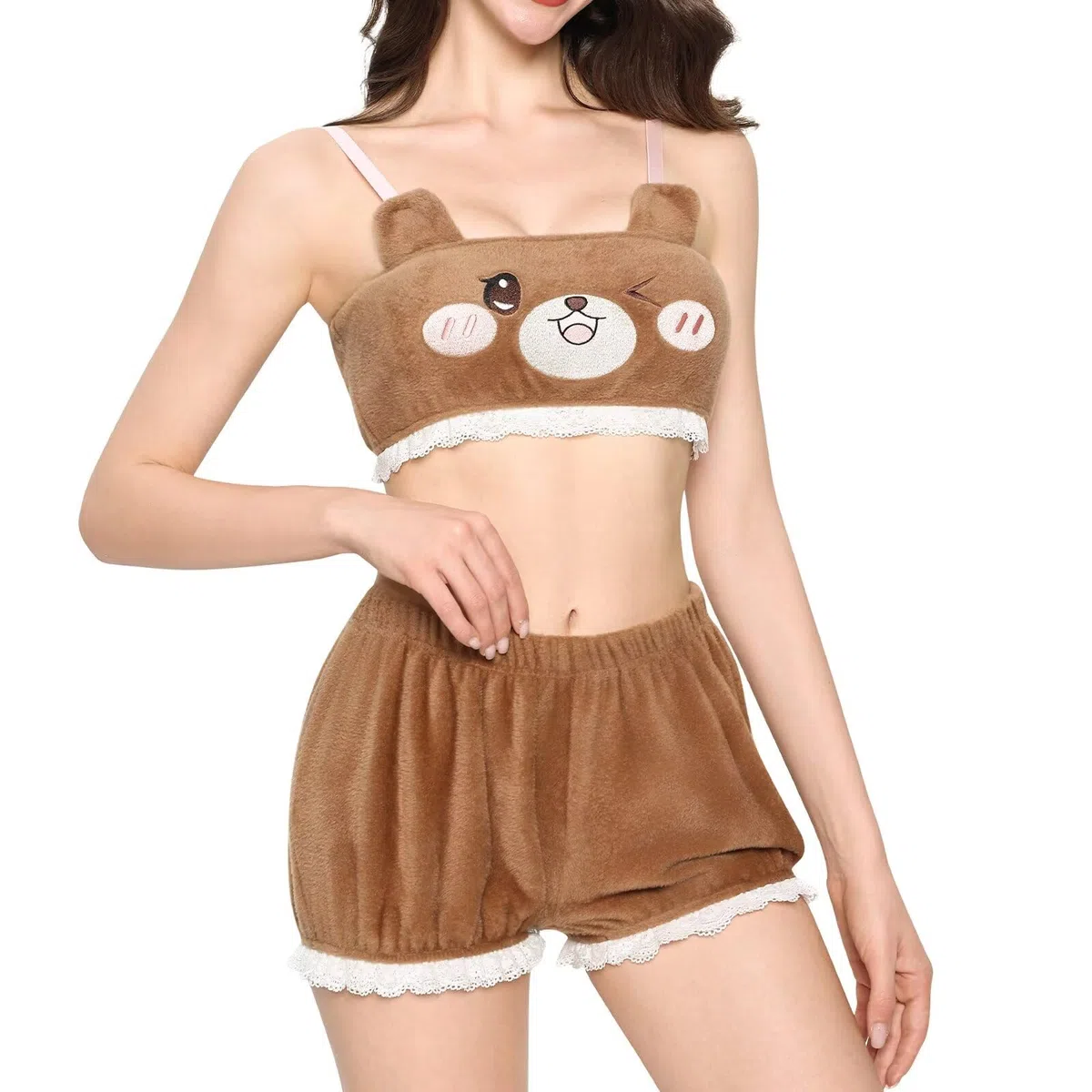 Landofgenie Ensemble de Pyjama pour Femmes Shorts et Crop Top Loungewear Fluffy Ensemble de Pyjama Loungewear pour Femmes