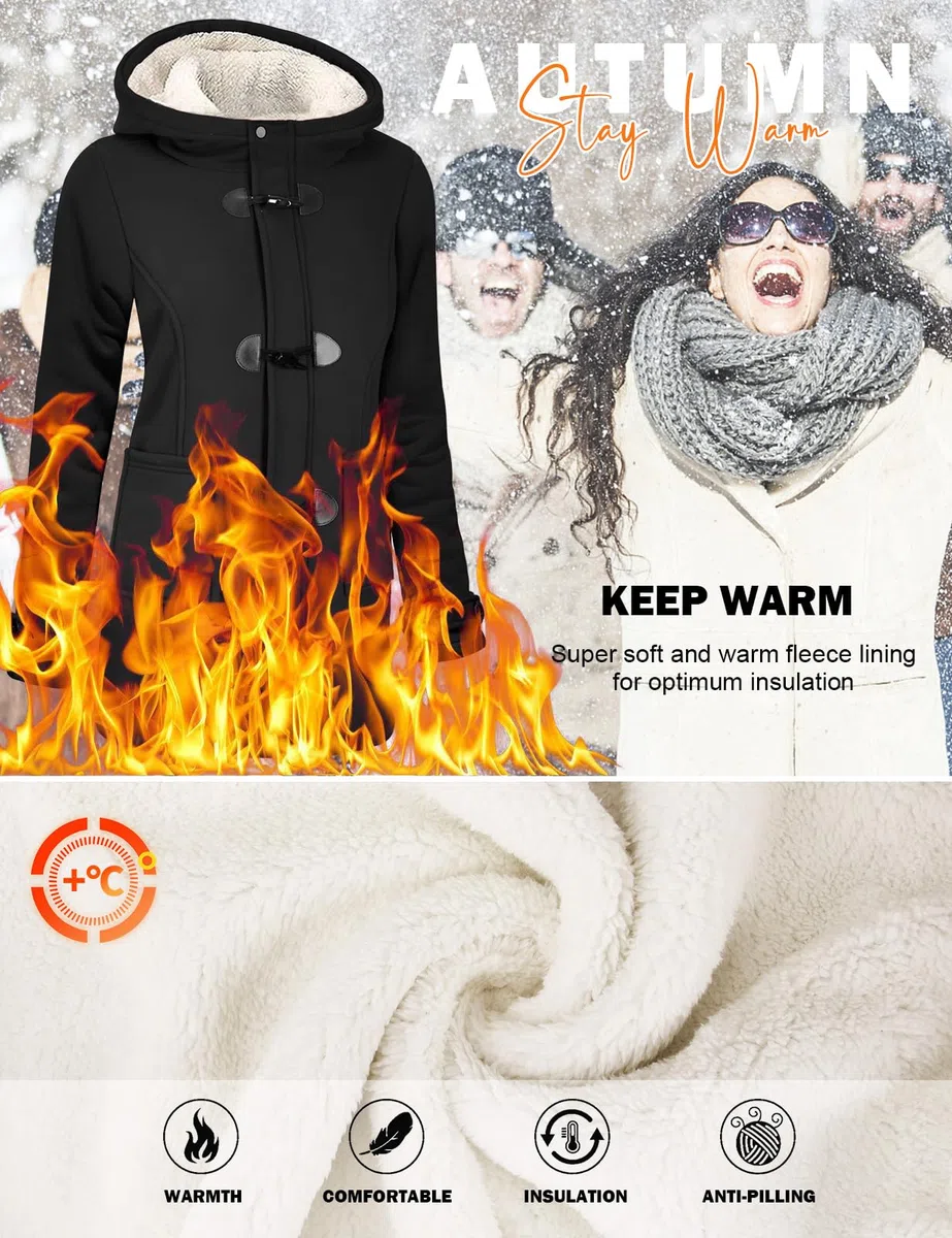 Nadeer Manteaux à Capuche Femmes Manteau Polaire Veste Blouson Jacket à Bouton Hiver Chaud Corne Zippé Sweat à capuche Épais Hoodie Coat Chic et Slim Sweatshirt Pull Hooded Outwear avec Poche
