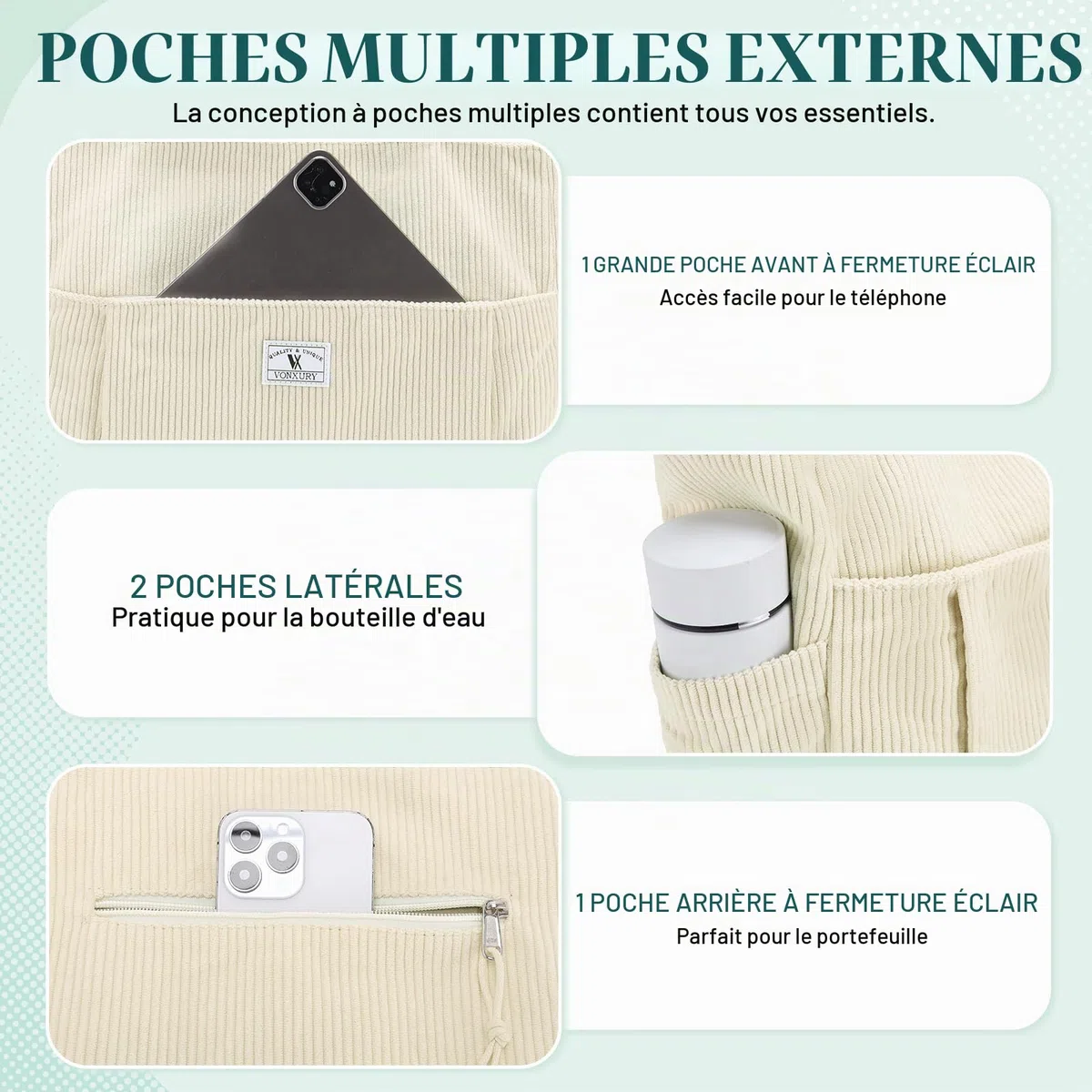 VX VONXURY Sac Cabas Femme Velours Côtelé Sac a Main Femme avec Multi-Poches Sac Bandoulière avec Sangle Réglable pour Travail Voyage Université