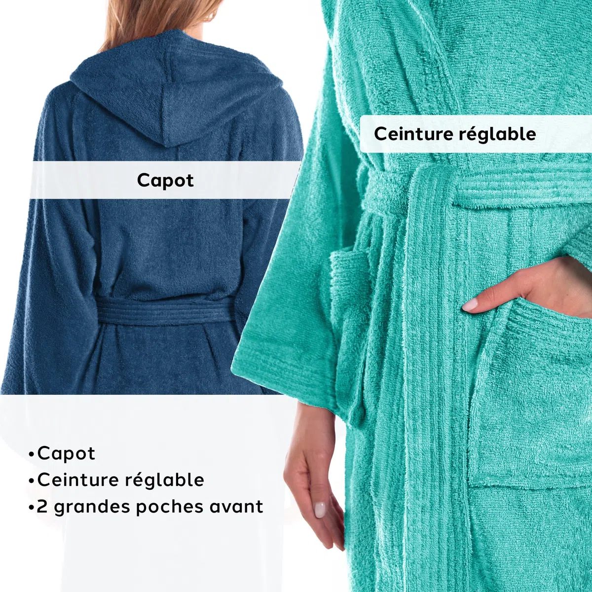 Caleffi Peignoir pour homme, peignoir pour femme en éponge de coton, peignoir pour homme, éponge avec capuche, peignoir de piscine, doux et absorbant, séchage rapide