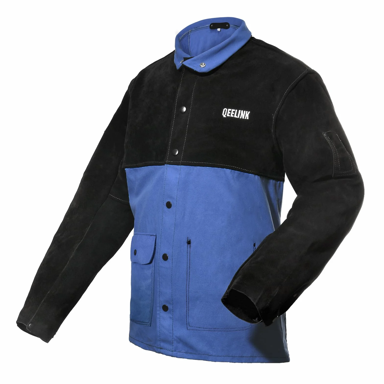 QeeLink Veste de soudage à manches fendues en cuir | Vestes de soudeur en coton résistant aux flammes de qualité supérieure, Bleu et noir