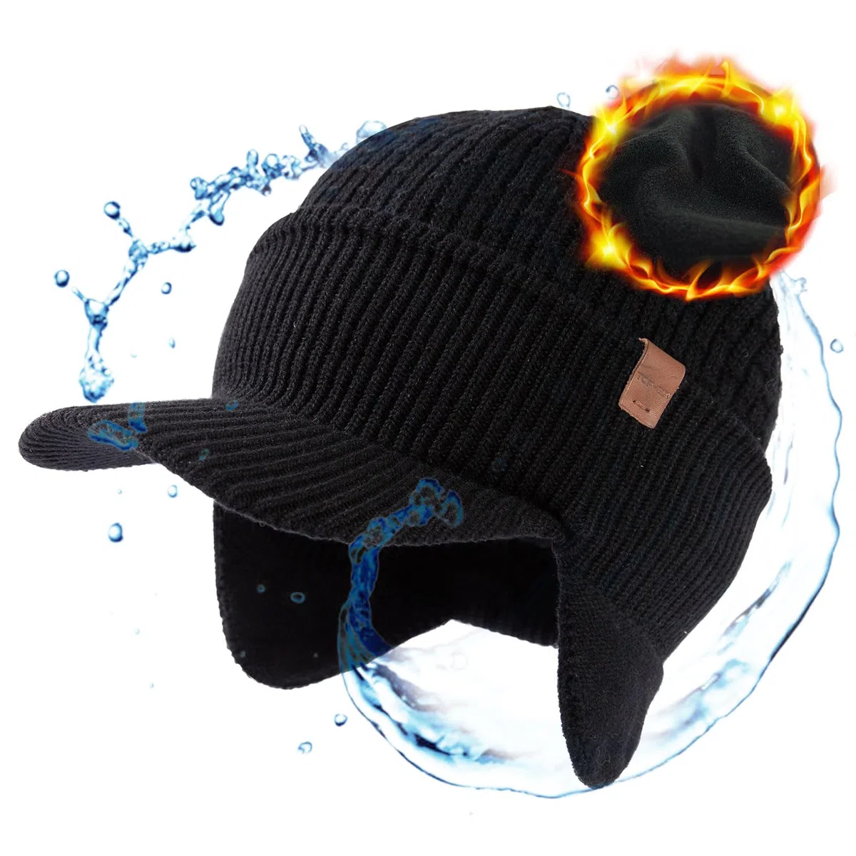 TOP-EX DryKnit Bonnet imperméable 50 % laine mérinos avec cache-oreilles Doublure polaire chaude pour temps froid, Noir #imperméable, S/M