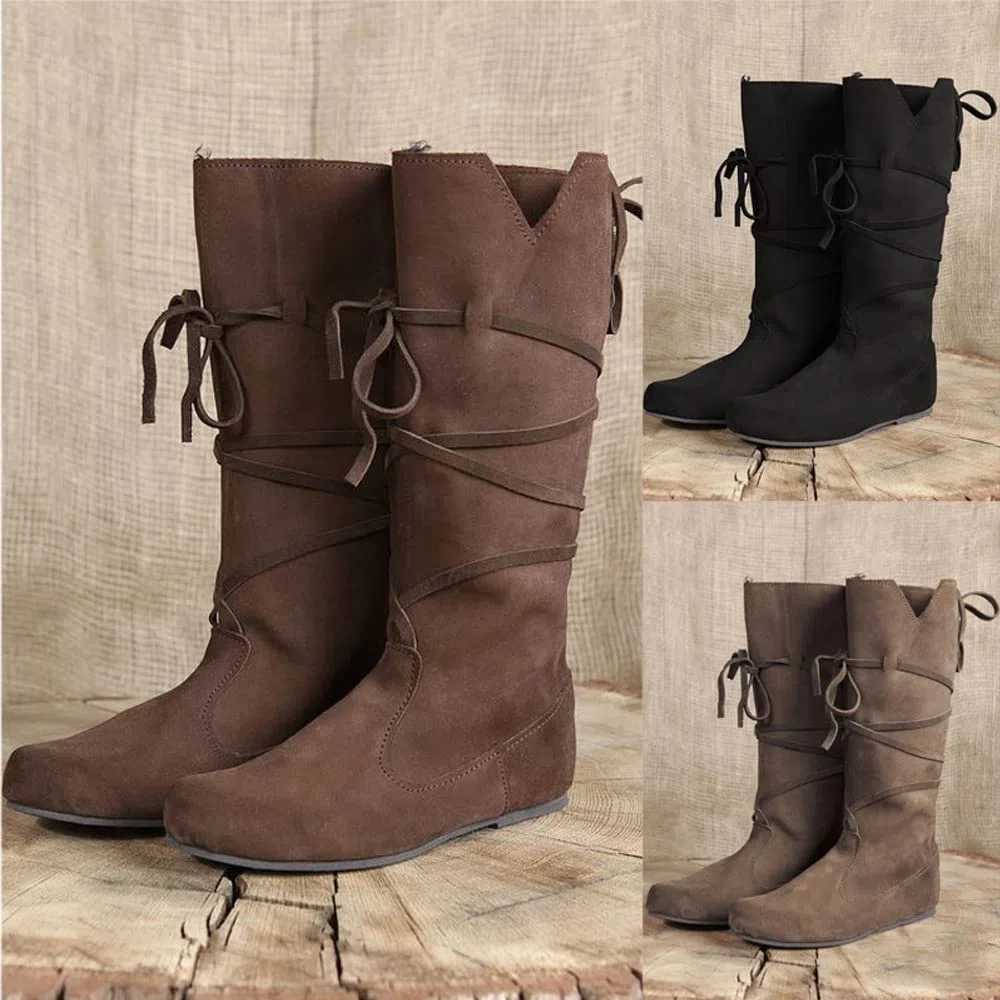 Bottes en Cuir PU - Bottes Chevaliers Mid Tube à Talon Bas - Renaissance Medieval Cosplay Boots pour Cosplay Carnival Party