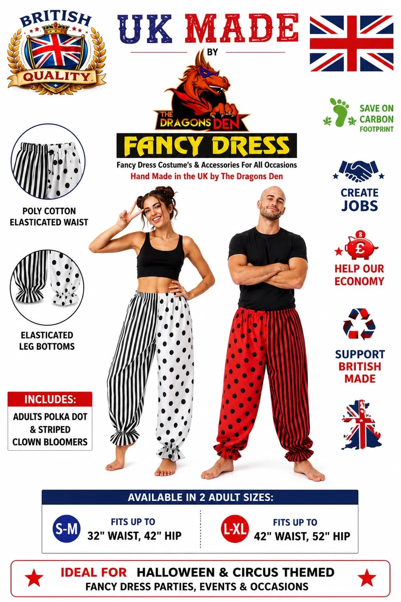 The Dragons Den Adults Full Length Clown Bloomers Halloween Horror Circus Fancy Dress [2 Sizes, 2 Colours]