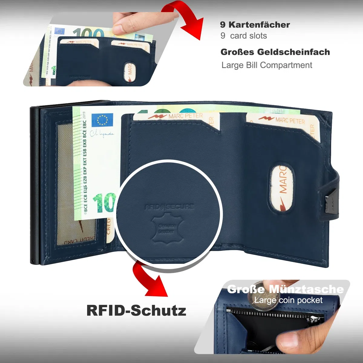 Marc Peter Portefeuille fin pour homme avec compartiment à monnaie et protection RFID, portefeuille en cuir, 9 compartiments pour cartes de crédit, étui pour cartes de crédit, petit homme, bleu