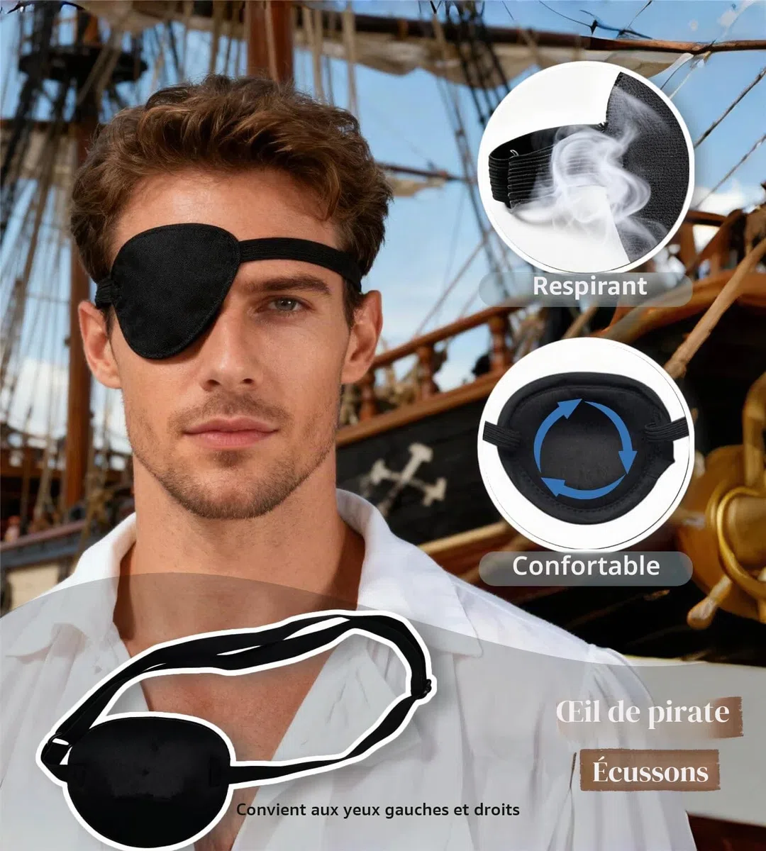 Ginkago Deguisement Pirate Homme et Femme avec Ceinture Bandana Cache Oeil Pirate Costume Chemise Pirate Homme pour Adulte Halloween Carnaval Anniversaire