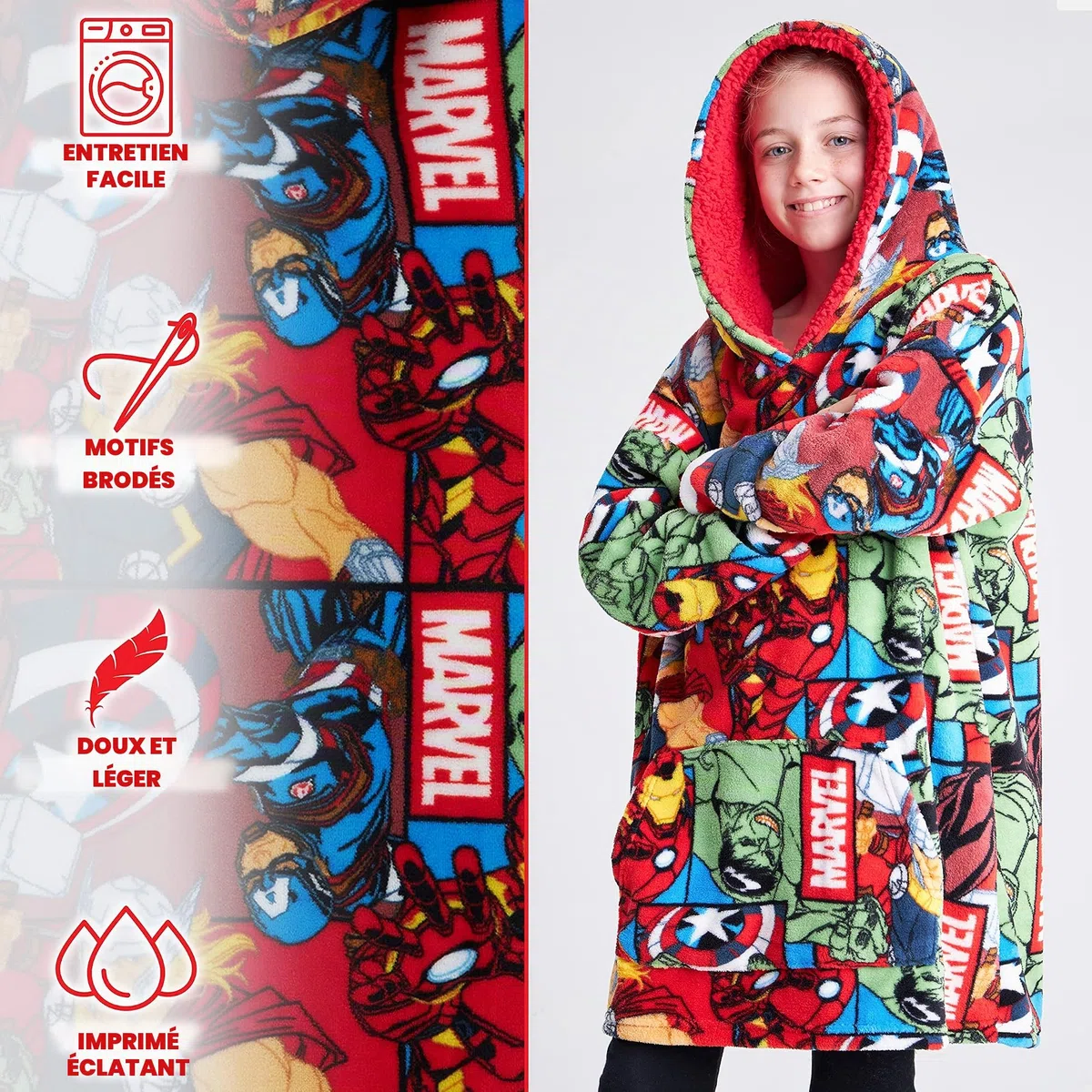 Marvel Spiderman Plaid Capuche Enfant Ado, Couverture Polaire Portable Avengers Hulk Hoodie Oversize, Cadeau Garcon