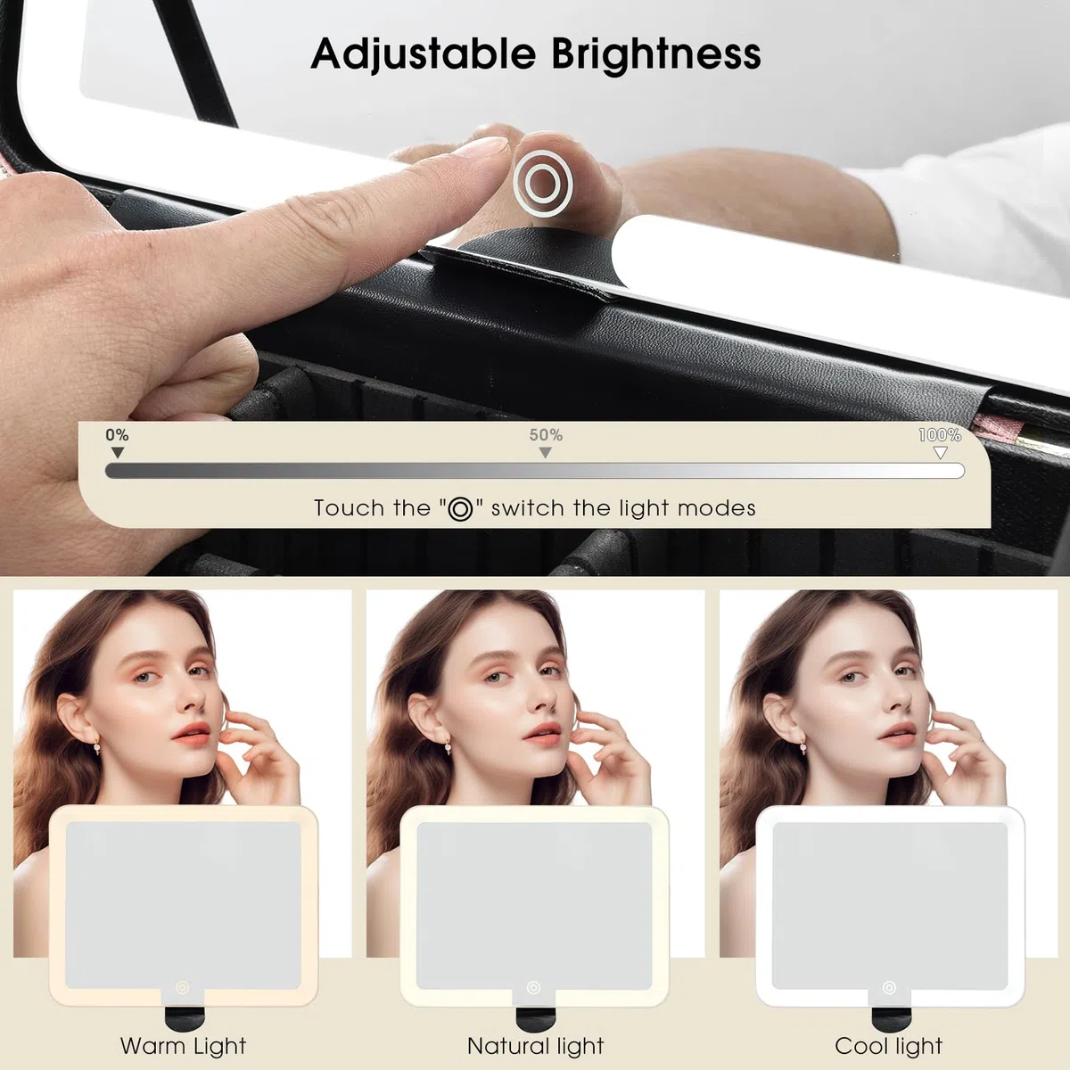 Grande trousse de maquillage avec miroir LED - Miroir lumineux amovible - En cuir synthétique - Portable - Boîte de transport avec séparateurs et porte-pinceaux de maquillage, rose, Classique