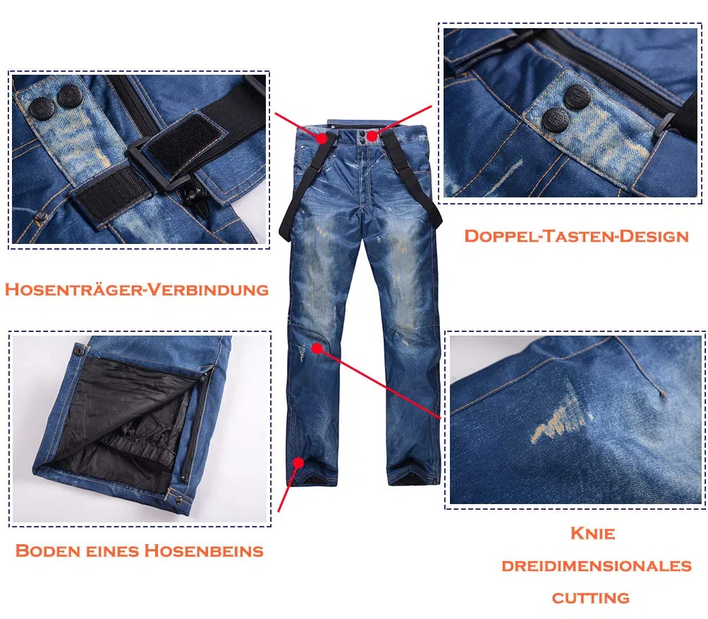 Casual Bretelles de Ski en Jean imperméable et Respirant pour Homme