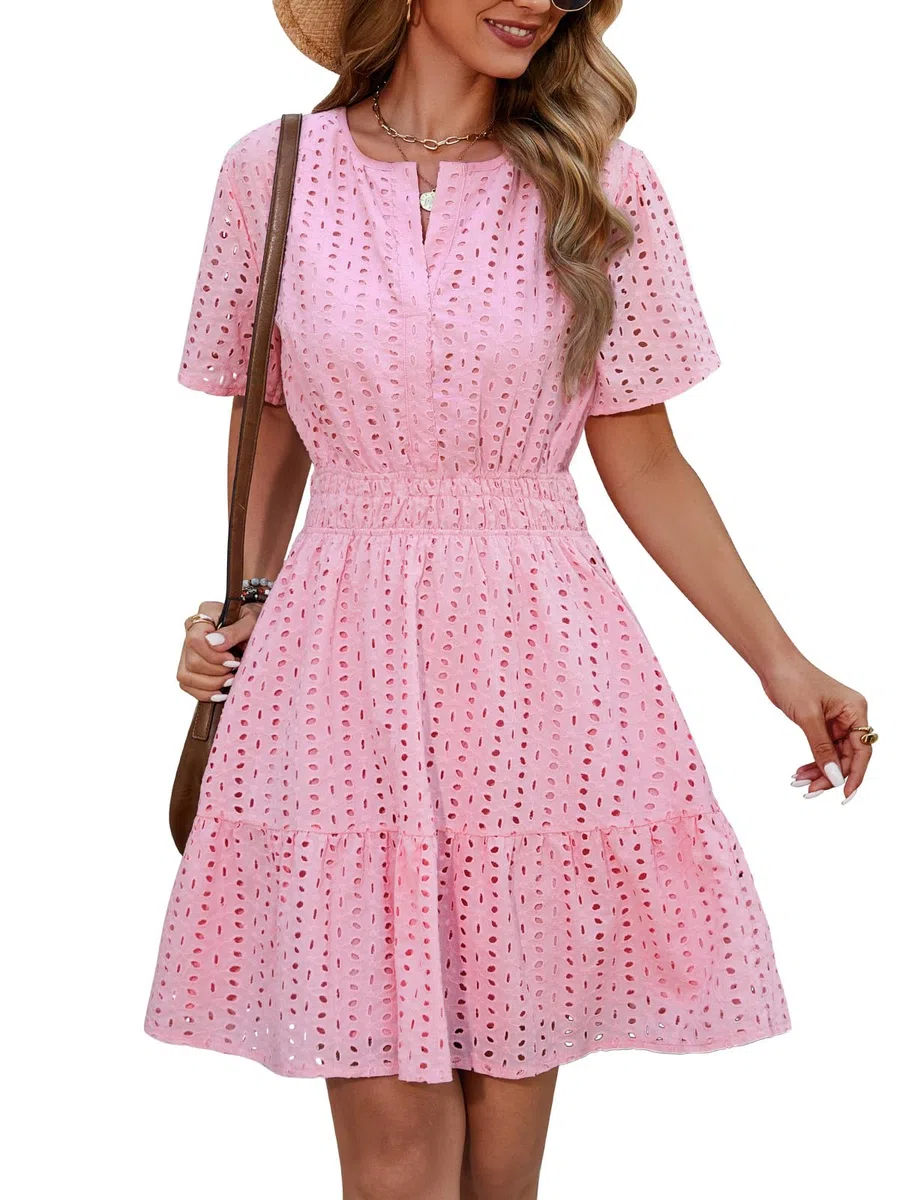 Yuson Girl Robe Femme Ete Robe Boheme Chic et Elegant Robe Short Robes à Manches Courtes de Plage Décontracté Casual Robe Col V Taille Haute Mini Robe
