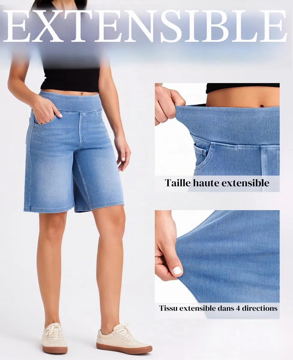 LaiEr Short en Jean Bermuda Taille Haute pour Femme,Short en Denim Casual Décontracté,Arrivant aux Genoux,en Tissu Stretch et Coupe Ample,Idéaux pour Le Sport,Le Fitness,Le Yoga et Les Entraînements