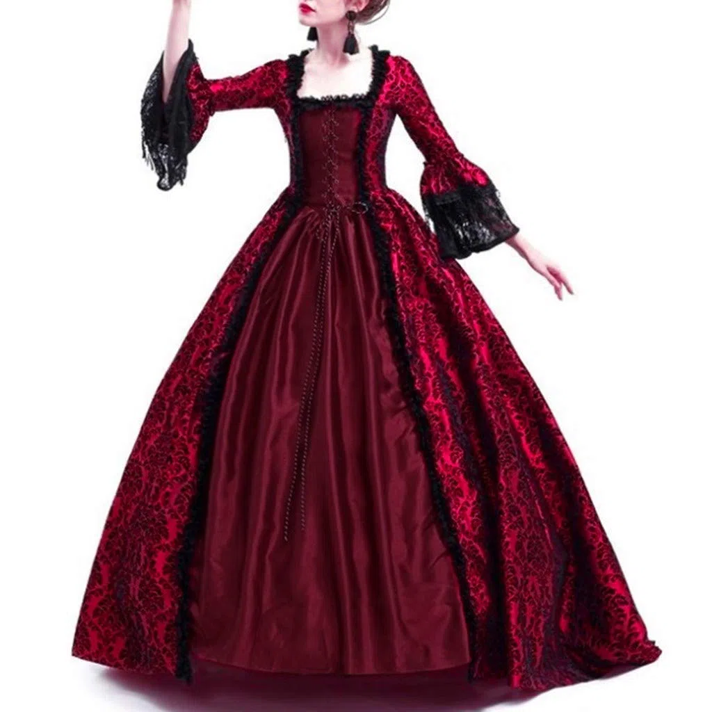 Médiéval Déguisement Adulte Maxi Robe Grande Taille Manches évasées Gothique RéTro Dentelle Robes De Bal Halloween Cosplay Costume Carnaval Drame Fête Princess Dress
