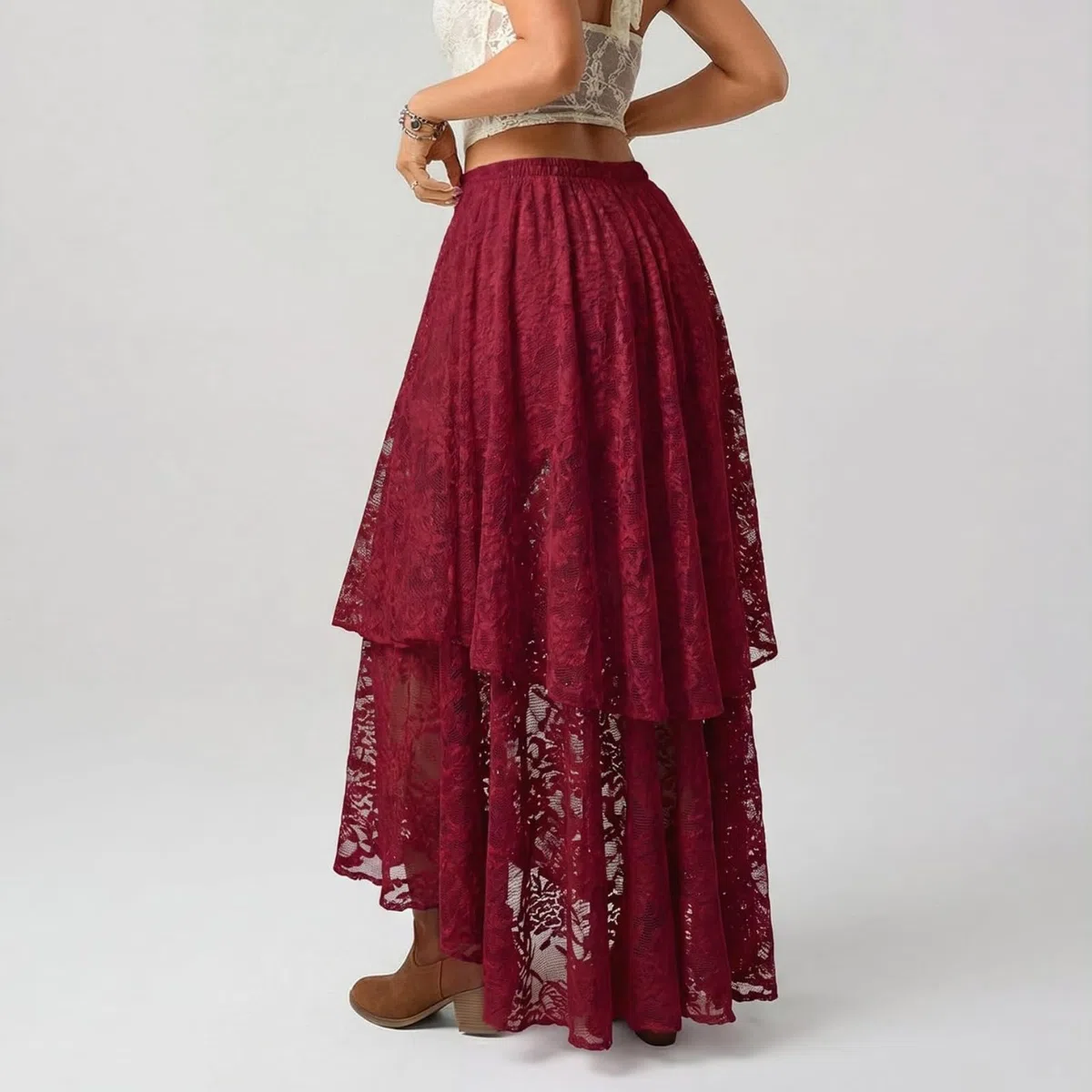 Générique Jupe Longue à Volants en Dentelle et Tulle superposés pour Femme, Coupe trapèze, Style bohème, Ourlet Tendance, idéale pour Les Sorties. (Burgundy,TG)