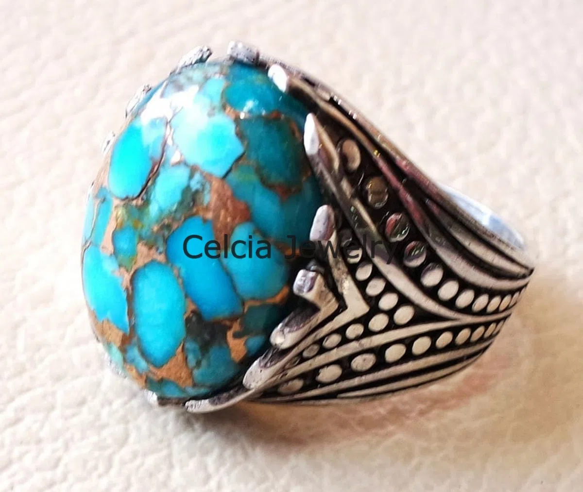 Bague ovale en cuivre bleu turquoise véritable pierre précieuse bleue, véritable argent sterling chevalière, bague de déclaration, bague de mariage, bague de cadeaux pour homme, cadeau unique pour lui