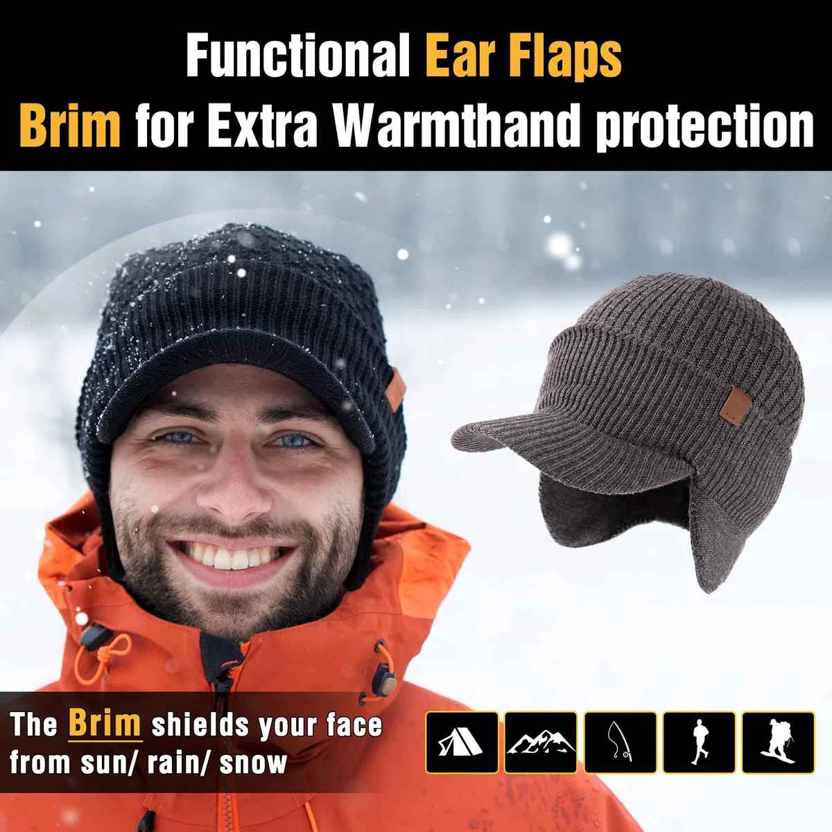 TOP-EX DryKnit Bonnet imperméable 50 % laine mérinos avec cache-oreilles Doublure polaire chaude pour temps froid, Noir #imperméable, S/M