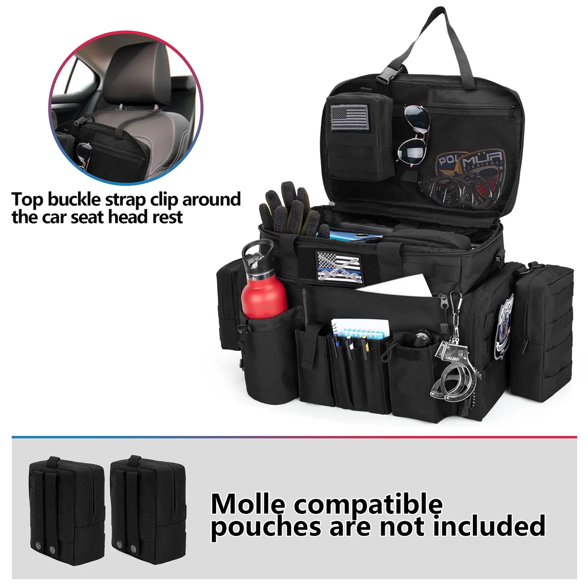 Trunab Police Range Bag, Tactique Molle de Patrouille, Organisateur de Siège Avant de Voiture, Sac de Voyage Militaire avec Bandoulière, Compartiment pour Laptop 15,6"