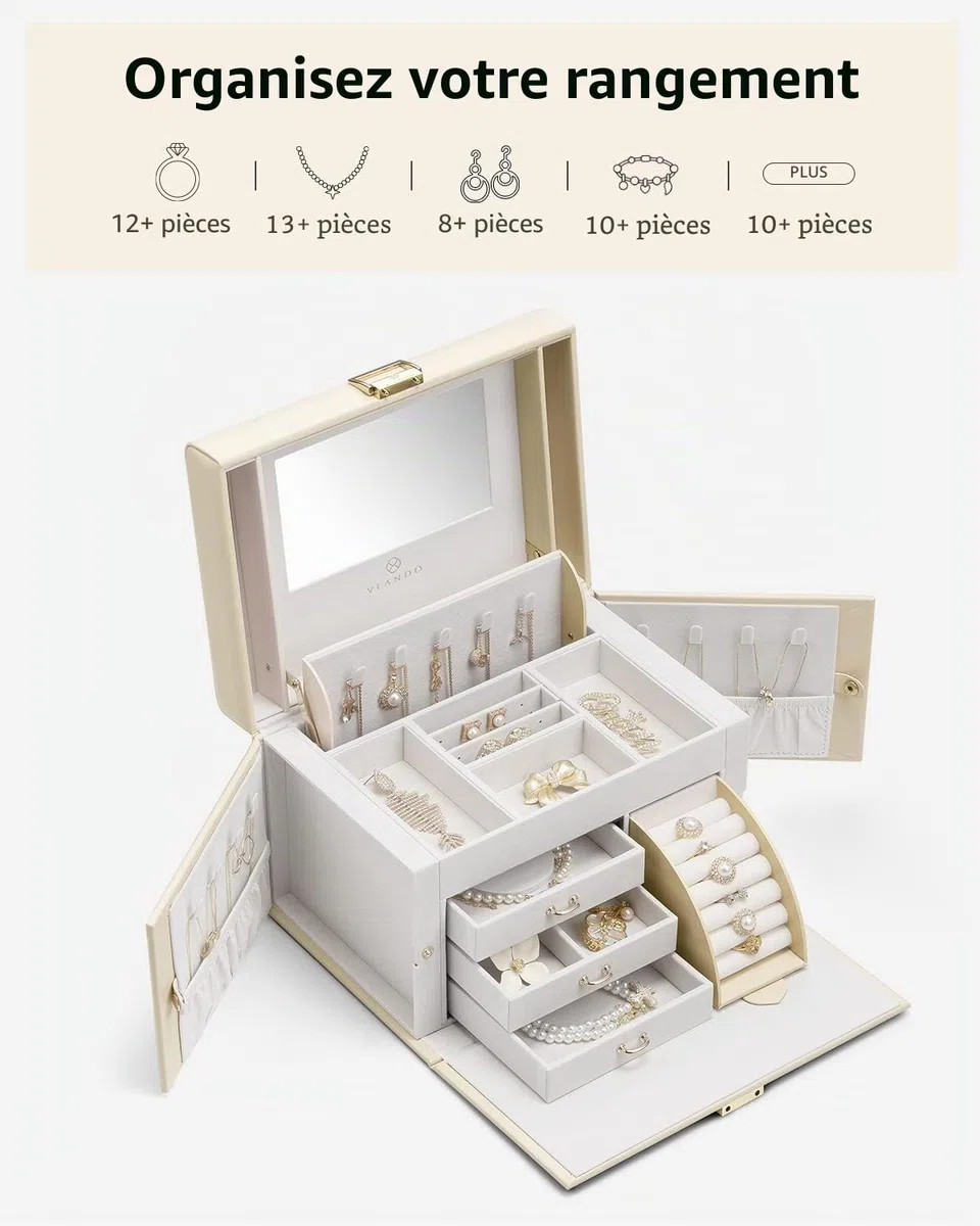 Vlando Grande boîte à bijoux baroque avec miroir, tiroirs pour bracelets, boucles d'oreilles, bagues, colliers, cadeau de fête des mères pour un être cher, blanc abricot