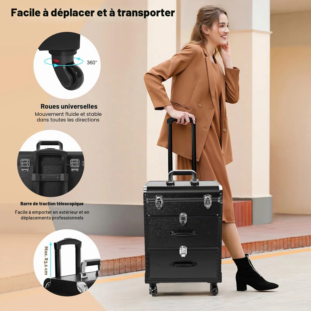 Valise cosmétique à roulettes en aluminium avec serrures - Grande valise de maquillage - Organiseur pour les déplacements - Pour nail art et coiffure - 36 x 23 x 58 cm