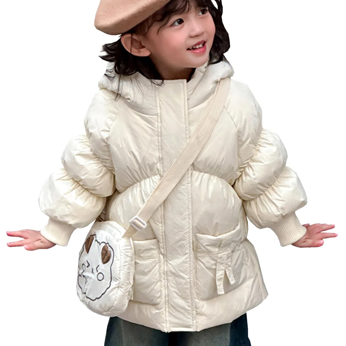 Doudoune Enfant Fille Veste Matelassée Mi-longue à Capuche Manteau Hiver en Duvet de Canard Blanc Chaud