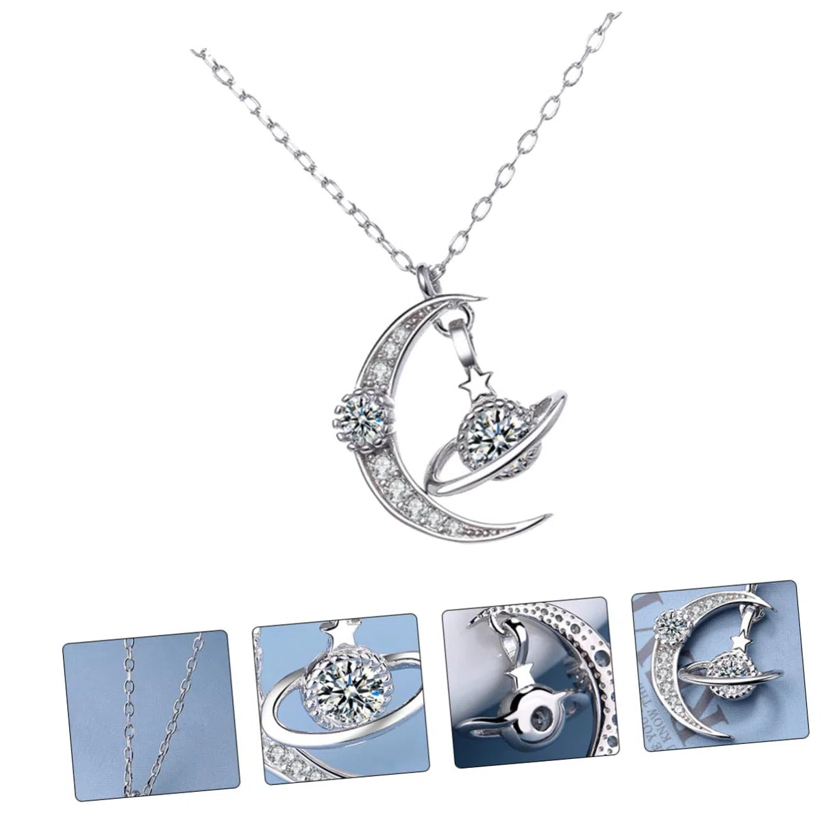 Collier en argent S925 pour femmes, pendentif étoile de souhait, diamant complet, lune, Style chaîne, élégant, 1 pièce