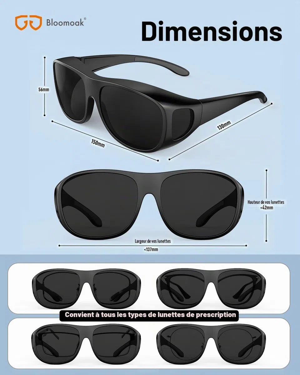 Bloomoak Lunettes de soleil polarisées à verres super foncés XL enveloppantes pour yeux sensibles à la migraine | Extra Large 150 mm